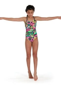 Speedo Girl's Squiggle Splash Lane Line Back Swimsuit - Black/ Pink/ Green/ Yellow/ Red
