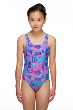 Maru Girls Kitty Pacer Auto Back Swimsuit - Pink / Turquoise 12 Maru Girls Kitty Pacer Auto Back Swimsuit - Pink / Turquoise -Swimsuit Store gk6034 front