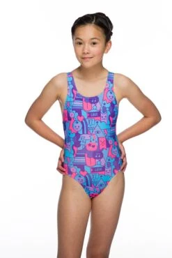 Maru Girls Kitty Pacer Auto Back Swimsuit - Pink / Turquoise 11 Maru Girls Kitty Pacer Auto Back Swimsuit - Pink / Turquoise -Swimsuit Store gk6034 front2