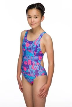 Maru Girls Kitty Pacer Auto Back Swimsuit - Pink / Turquoise 10 Maru Girls Kitty Pacer Auto Back Swimsuit - Pink / Turquoise -Swimsuit Store gk6034 side left