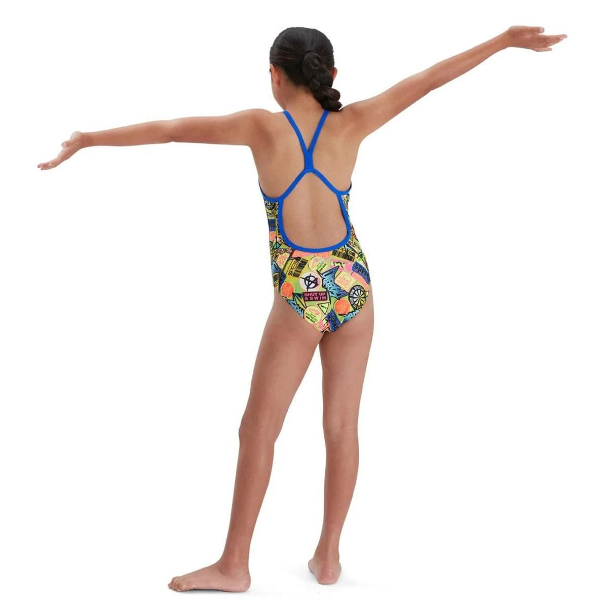 Speedo Girl's Comic Chaos Allover Vback Swimsuit - Green/ Lime/ Blue 2 Speedo Girl's Comic Chaos Allover Vback Swimsuit - Green/ Lime/ Blue - Image 2