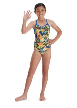 Speedo Girl's Comic Chaos Allover Vback Swimsuit - Green/ Lime/ Blue