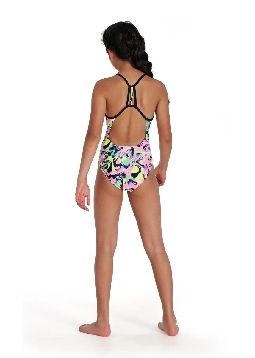 Speedo Girl's Squiggle Splash Lane Line Back Swimsuit - Black/ Pink/ Green/ Yellow/ Red 2 Speedo Girl's Squiggle Splash Lane Line Back Swimsuit - Black/ Pink/ Green/ Yellow/ Red - Image 2
