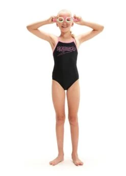 Speedo Girl's Logo Thinstrap Muscleback Swimsuit - Black/ Taffy Pink -Swimsuit Store tumbnail bf07b466 7cb1 42be 820d 2bf81c690673