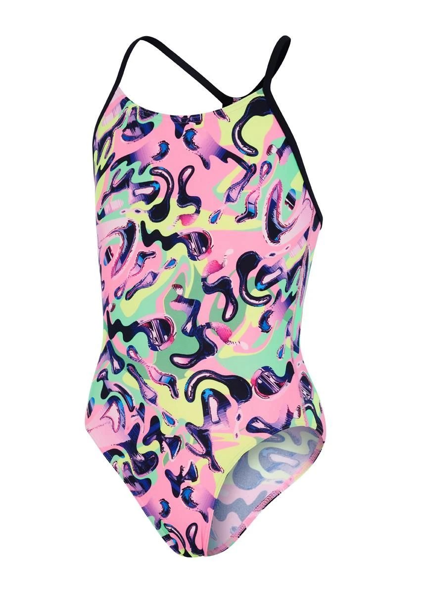 Speedo Girl's Squiggle Splash Lane Line Back Swimsuit - Black/ Pink/ Green/ Yellow/ Red 4 Speedo Girl's Squiggle Splash Lane Line Back Swimsuit - Black/ Pink/ Green/ Yellow/ Red - Image 4